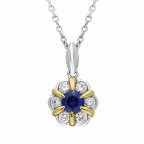 18ct White and Yellow Gold Sapphire Diamond Cluster Flower Pendant