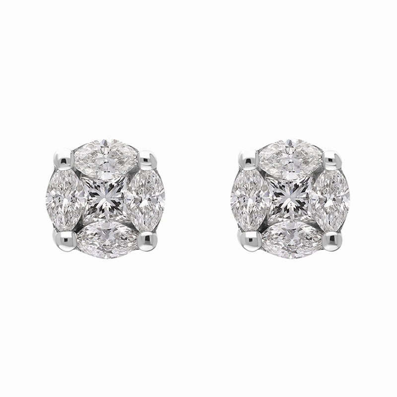 18ct White Gold 0.39ct Diamond Princess and Marquise Cut Cluster Stud Earrings