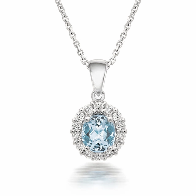 18ct White Gold 0.54ct Aquamarine Diamond Halo Necklace