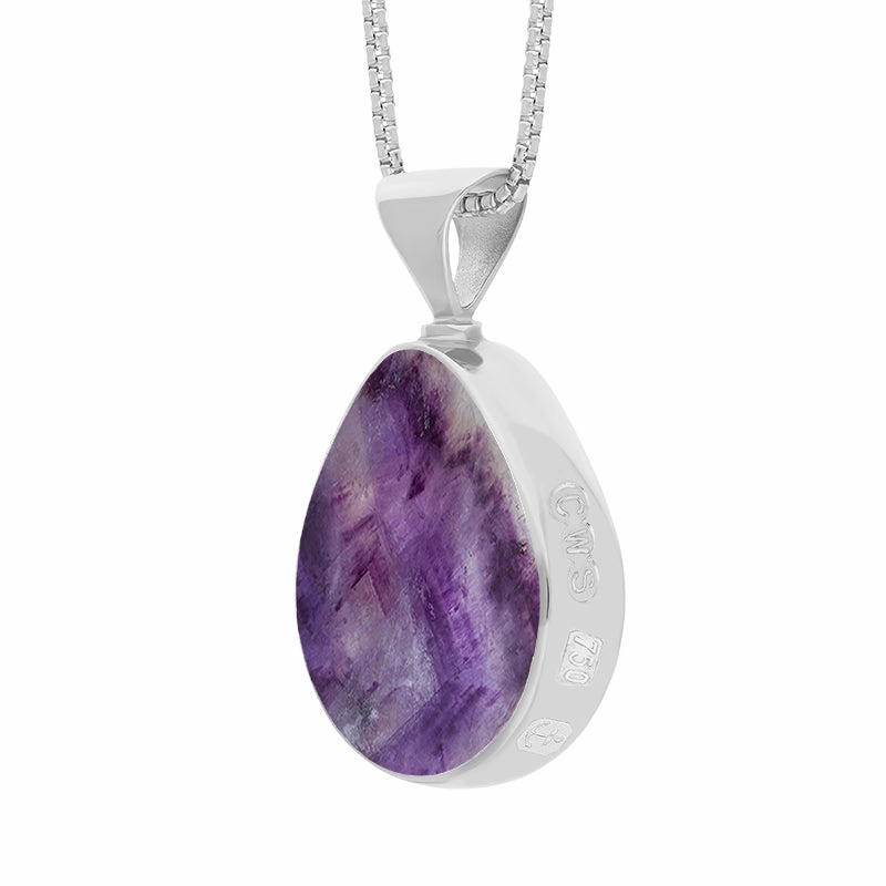 18ct White Gold Blue John Mother of Pearl Hallmark Double Sided Pear-shaped Necklace