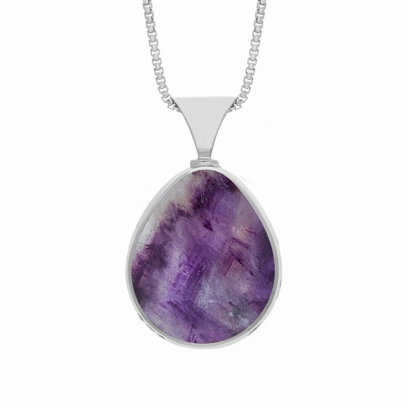 18ct White Gold Blue John Mother of Pearl Hallmark Double Sided Pear-shaped Necklace