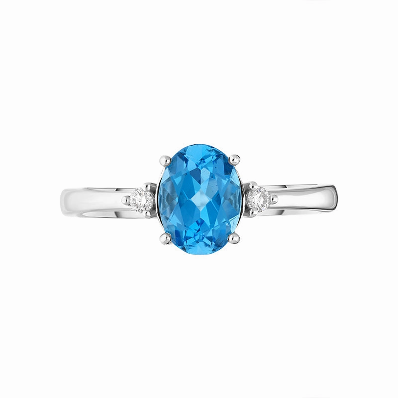 18ct White Gold Blue Topaz Diamond Oval Cut Three Stone Ring