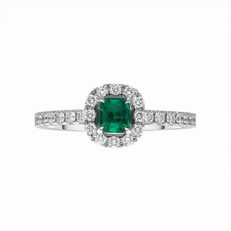18ct White Gold Emerald Diamond Cushion Cut Cluster Shoulder Set Ring