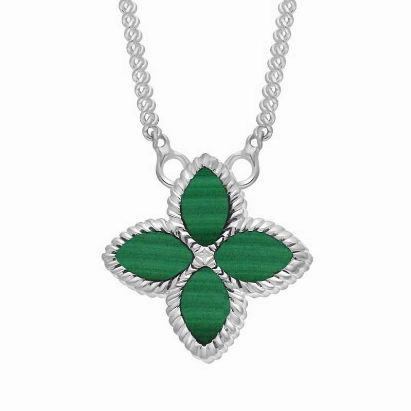 18ct White Gold Malachite Eden Small Marquise Flower Necklace