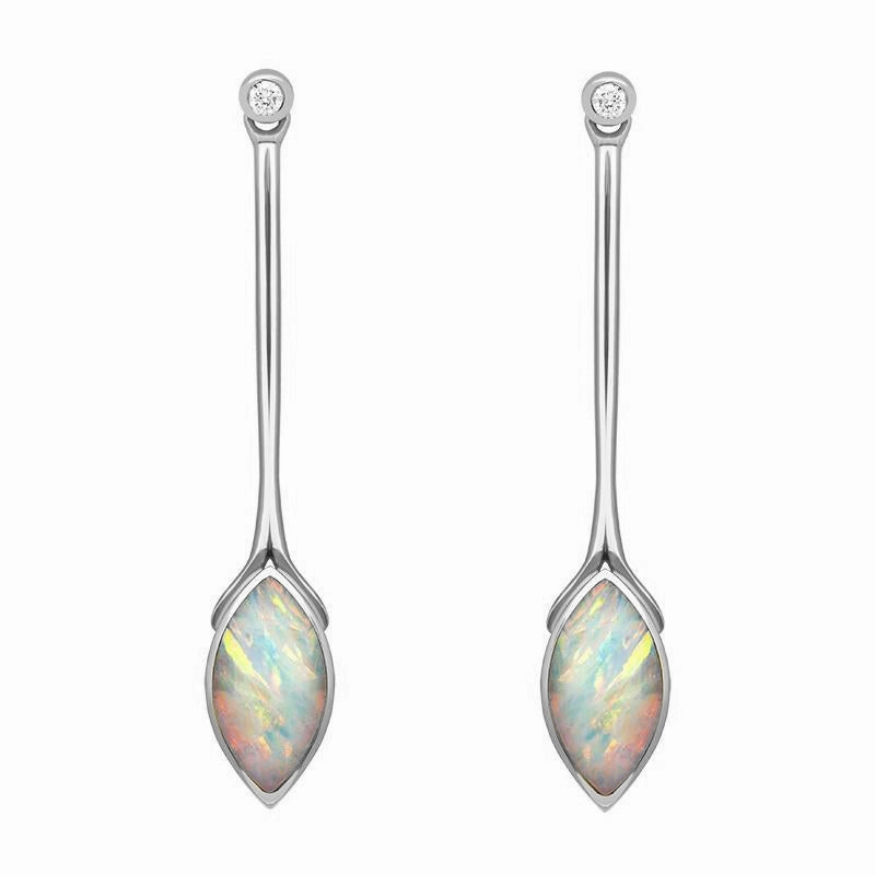 18ct White Gold Opal Diamond Long Marquise Drop Earrings D