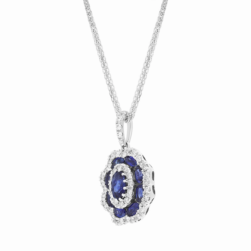 18ct White Gold Sapphire Diamond Cluster Oval Pendant