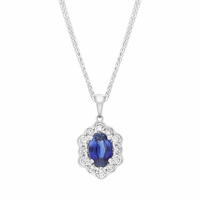 18ct White Gold Sapphire Diamond Cluster Oval Pendant
