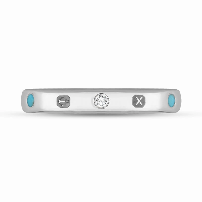 18ct White Gold Turquoise 0.09ct Diamond Queen's Jubilee Hallmark 6mm Ring D