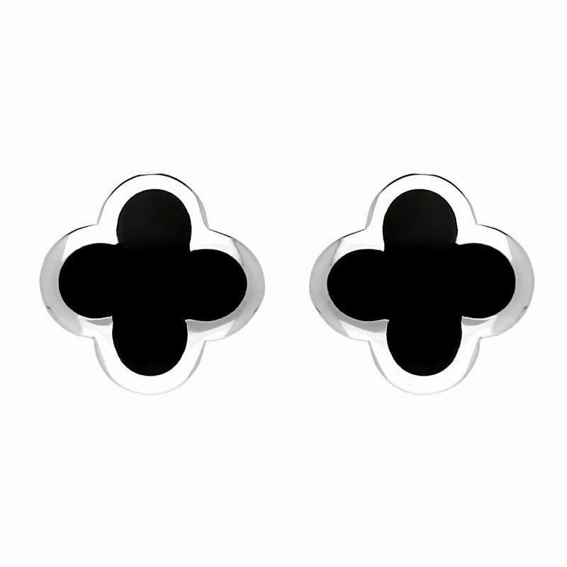 18ct White Gold Whitby Jet Bloom Four Leaf Clover Stud Earrings