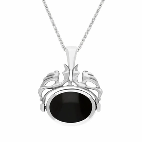 18ct White Gold Whitby Jet Blue John Double Sided Oval Swivel Fob Necklace
