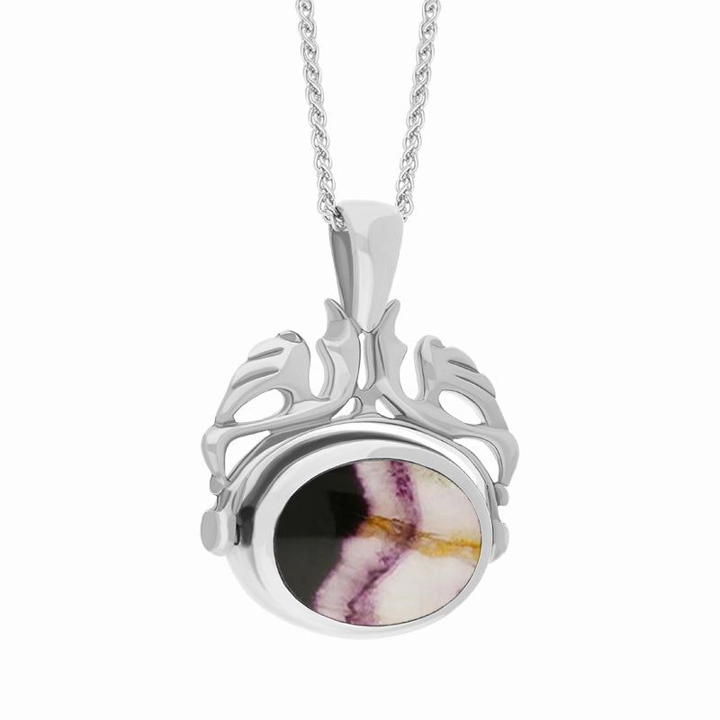 18ct White Gold Whitby Jet Blue John Double Sided Oval Swivel Fob Necklace