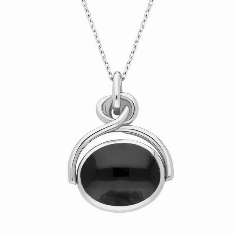 18ct White Gold Whitby Jet Blue John Oval Swivel Fob Necklace