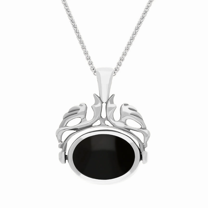 18ct White Gold Whitby Jet Malachite Double Sided Oval Swivel Fob Necklace