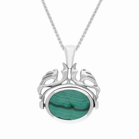 18ct White Gold Whitby Jet Malachite Double Sided Oval Swivel Fob Necklace