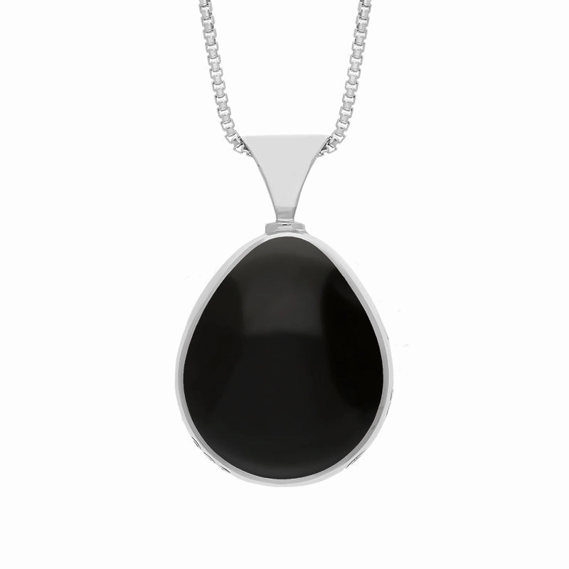 18ct White Gold Whitby Jet Malachite Hallmark Double Sided Pear-shaped Necklace
