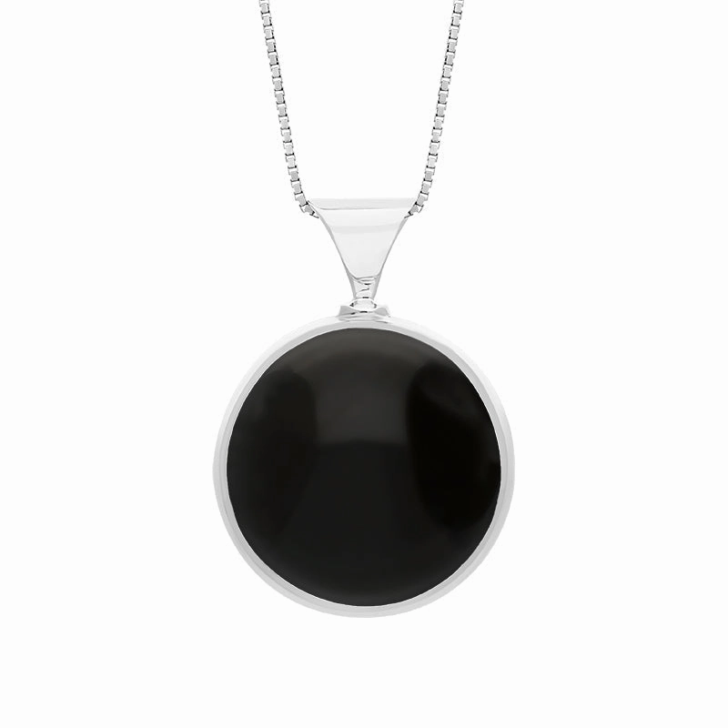 18ct White Gold Whitby Jet Malachite King's Coronation Hallmark Double Sided Round Necklace D