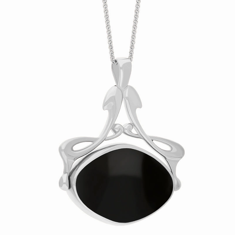 18ct White Gold Whitby Jet Mother Of Pearl Bell Diamond Swivel Fob Necklace