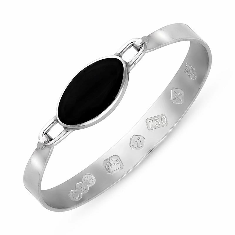 18ct White Gold Whitby Jet Queen's Jubilee Hallmark Wide Oval Bangle D