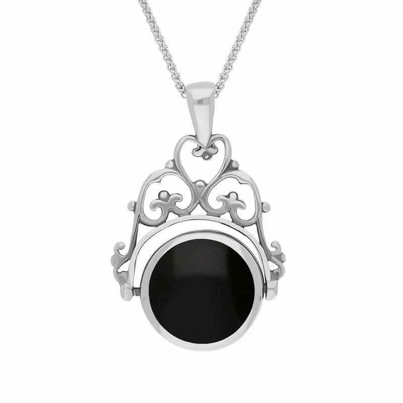 18ct White Gold Whitby Jet Turquoise Double Sided Round Swivel Fob Necklace