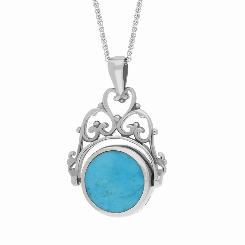 18ct White Gold Whitby Jet Turquoise Double Sided Round Swivel Fob Necklace