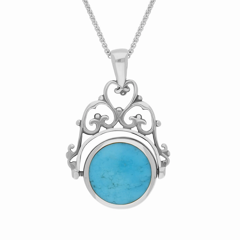 18ct White Gold Whitby Jet Turquoise Double Sided Round Swivel Fob Necklace