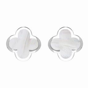 18ct White Gold White Mother of Pearl Bloom Four Leaf Clover Stud Earrings