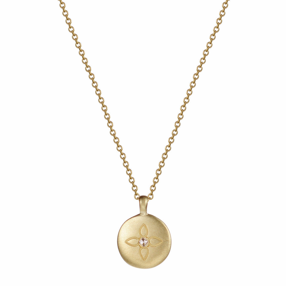 18K Gold Engraved Lotus Pendant with Diamond