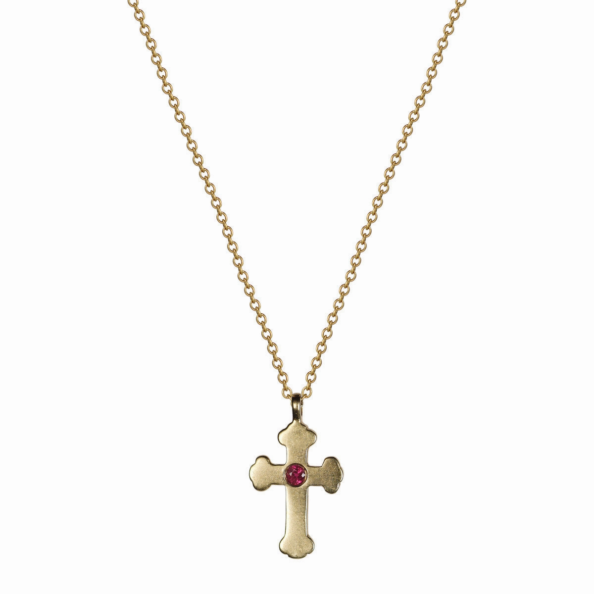 18K Gold Rosary Cross Pendant with Ruby