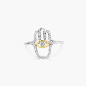 925 Sterling Silver 2 Toned Plated Hamsa Hand Clear CZ Ring - BGR01359