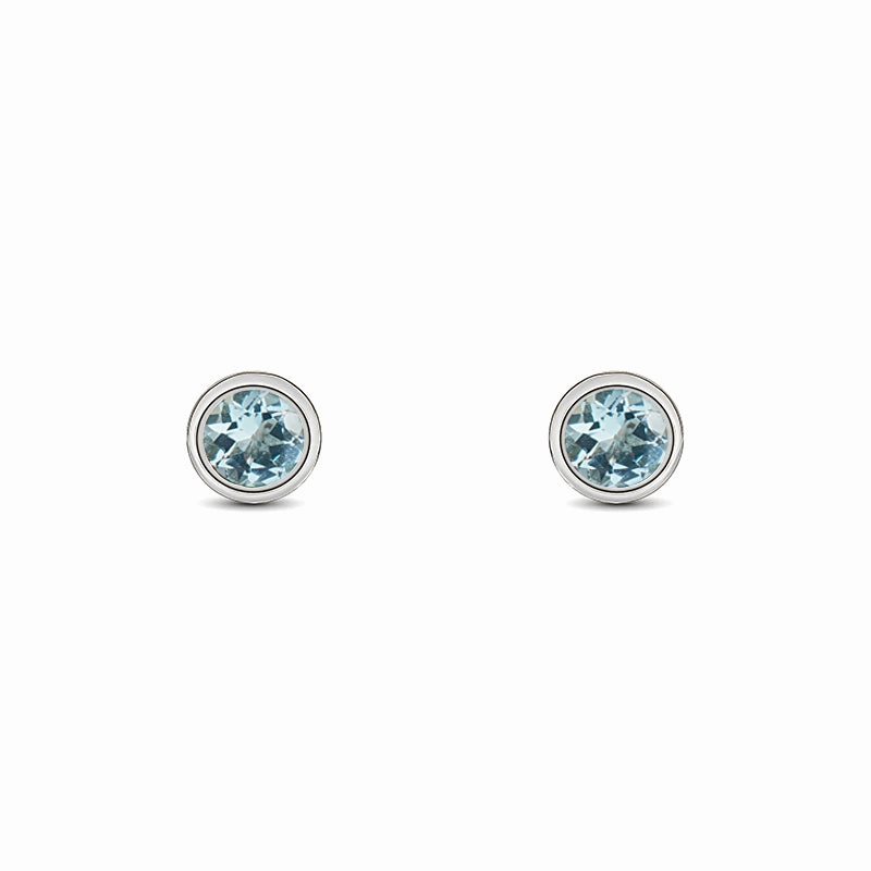 9ct White Gold Aquamarine 3mm Round Rub Over Set Stud Earrings