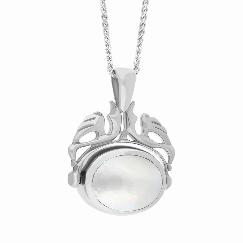 9ct White Gold Blue John Mother Of Pearl Double Sided Oval Swivel Fob Necklace
