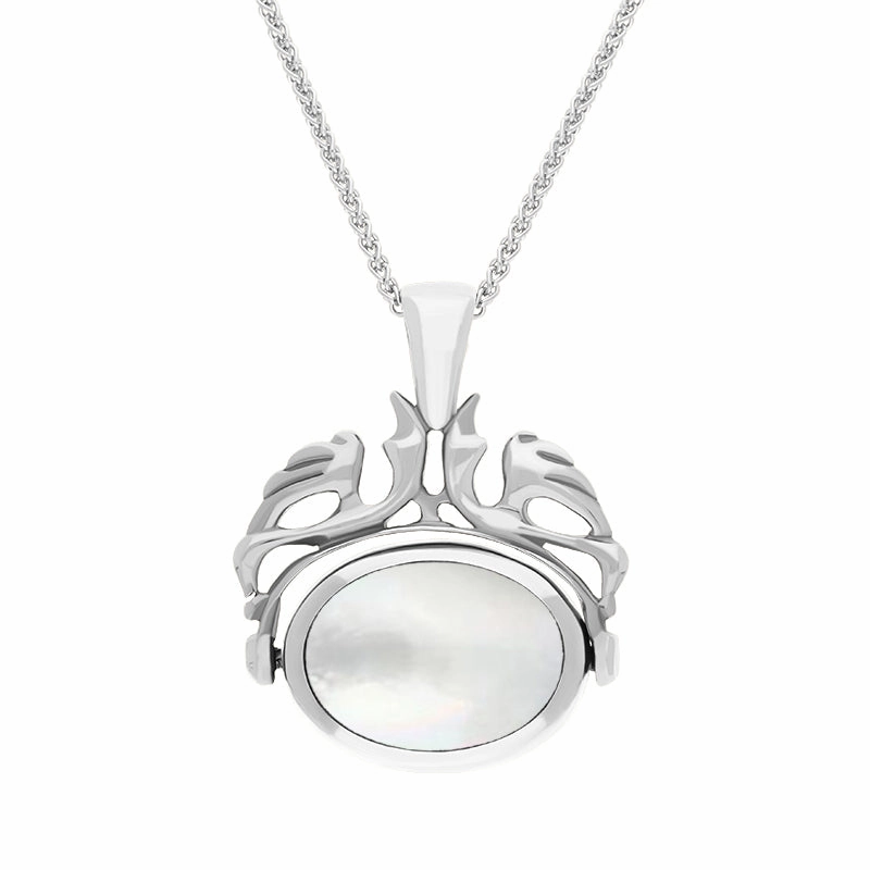 9ct White Gold Blue John Mother Of Pearl Double Sided Oval Swivel Fob Necklace