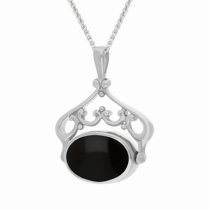 9ct White Gold Blue John Whitby Jet Double Sided Oval Swivel Fob Necklace