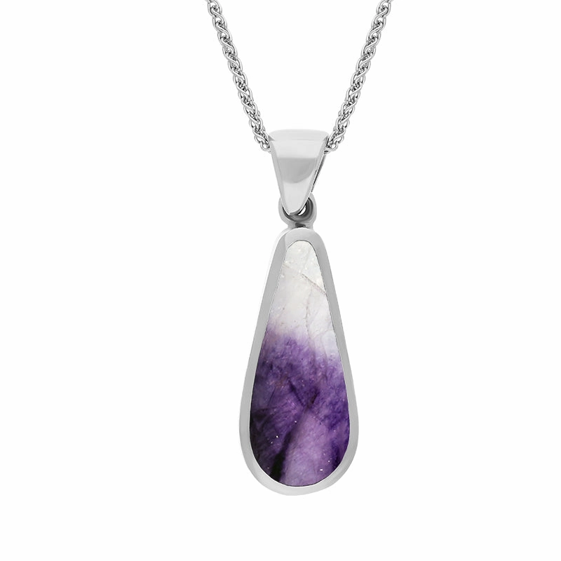 9ct White Gold Blue John Whitby Jet Small Double Sided Pear Cut Fob Necklace