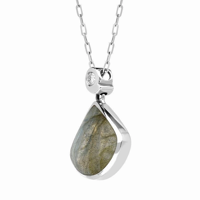 9ct White Gold Labradorite Diamond Fan Shaped Necklace