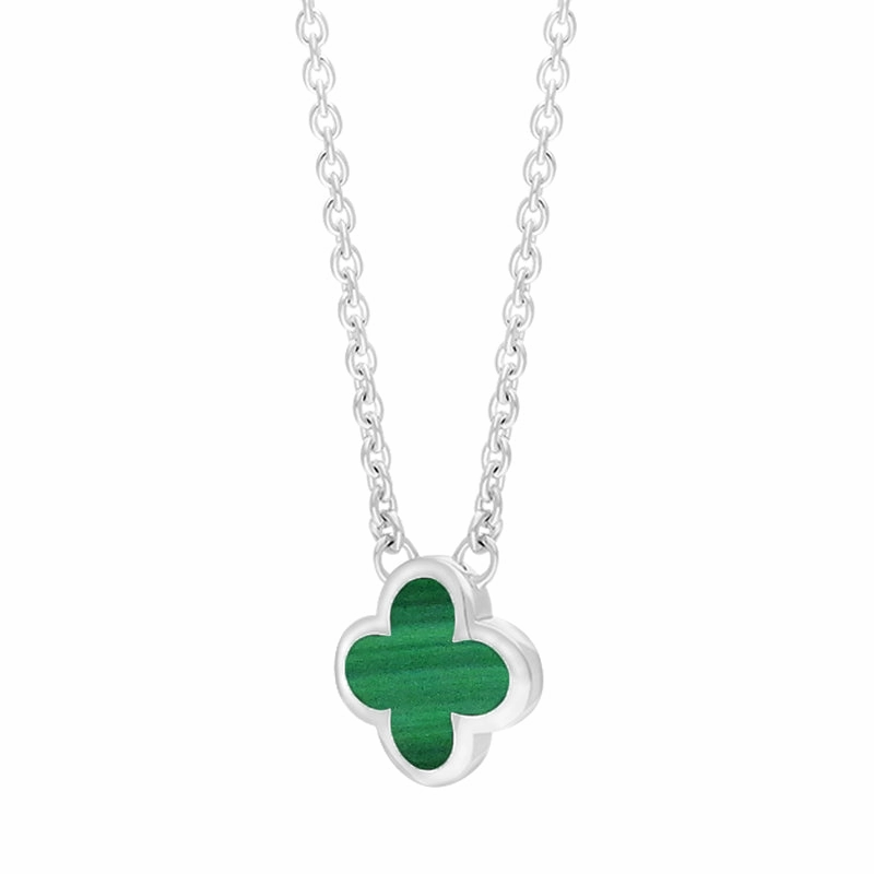 9ct White Gold Malachite Bloom Small Four Leaf Clover Polished Edge Pendant