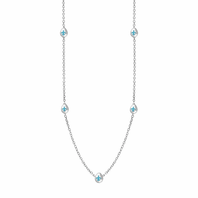 9ct White Gold Turquoise Fleur De Lis Link Disc Chain Necklace