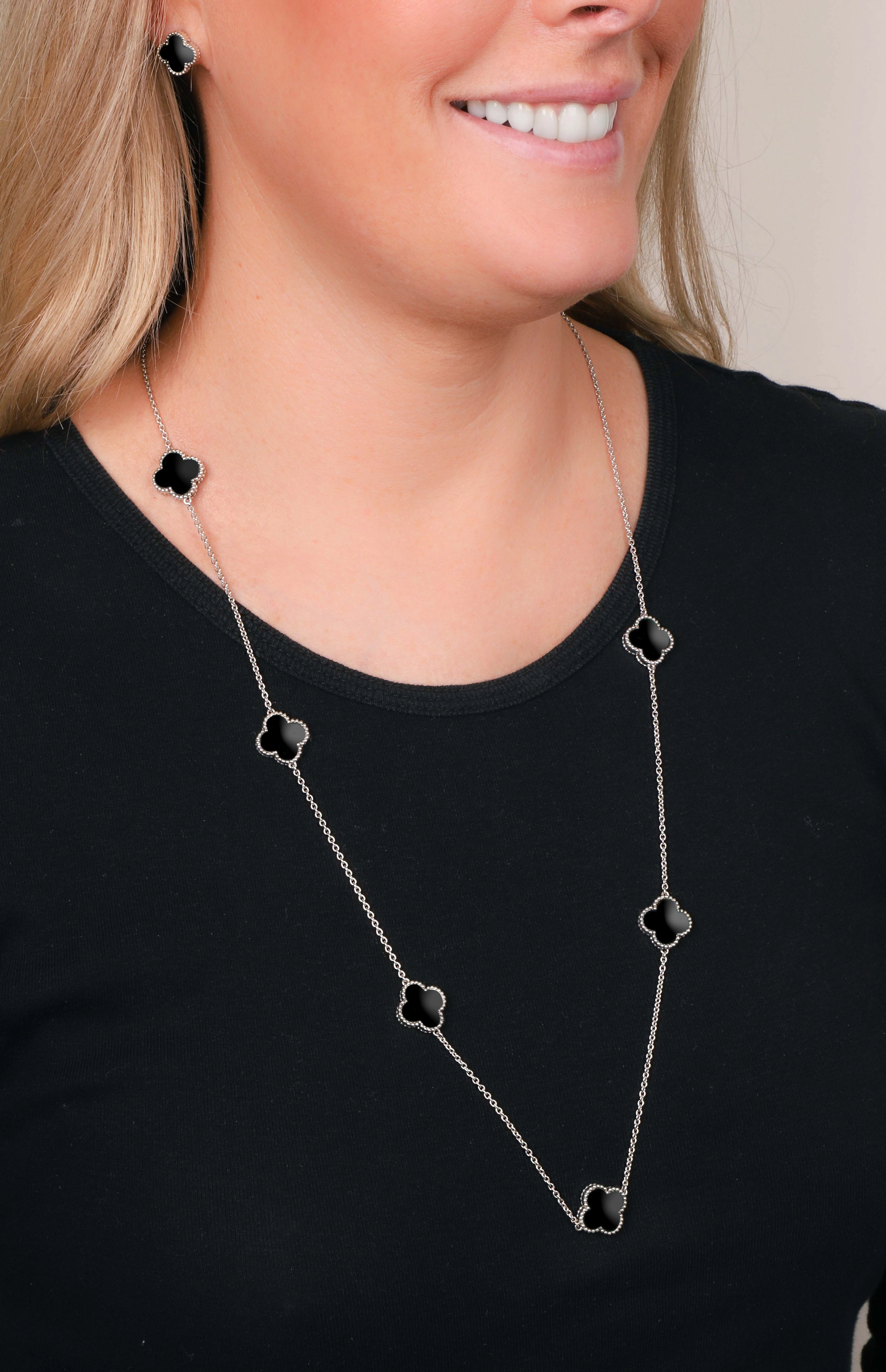 9ct White Gold Whitby Jet Bloom Four Leaf Clover Ball Edge Long Necklace