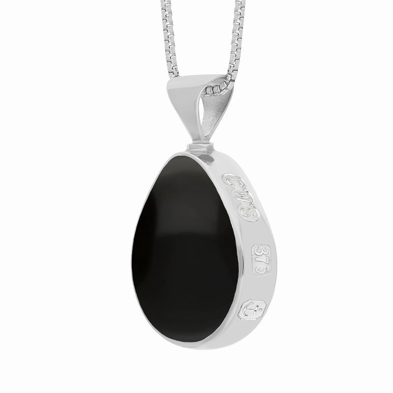 9ct White Gold Whitby Jet Lapis Lazuli Queens Jubilee Hallmark Double Sided Pear-shaped Necklace D