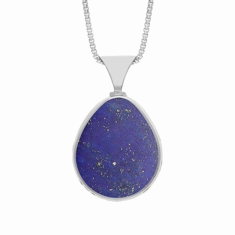 9ct White Gold Whitby Jet Lapis Lazuli Queens Jubilee Hallmark Double Sided Pear-shaped Necklace D