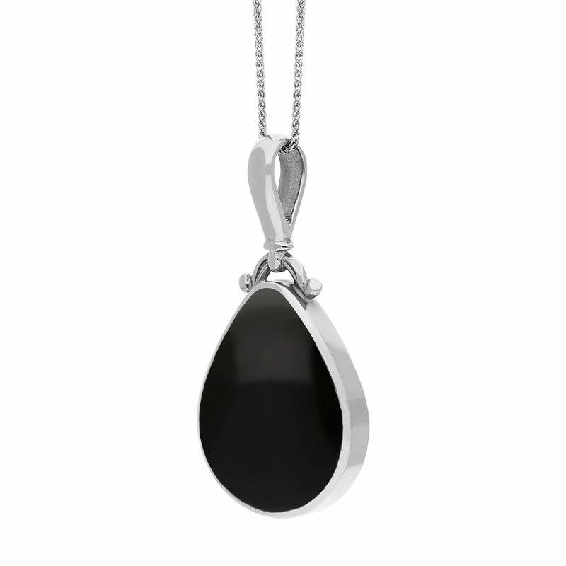 9ct White Gold Whitby Jet Turquoise Double Sided Pear Fob Necklace