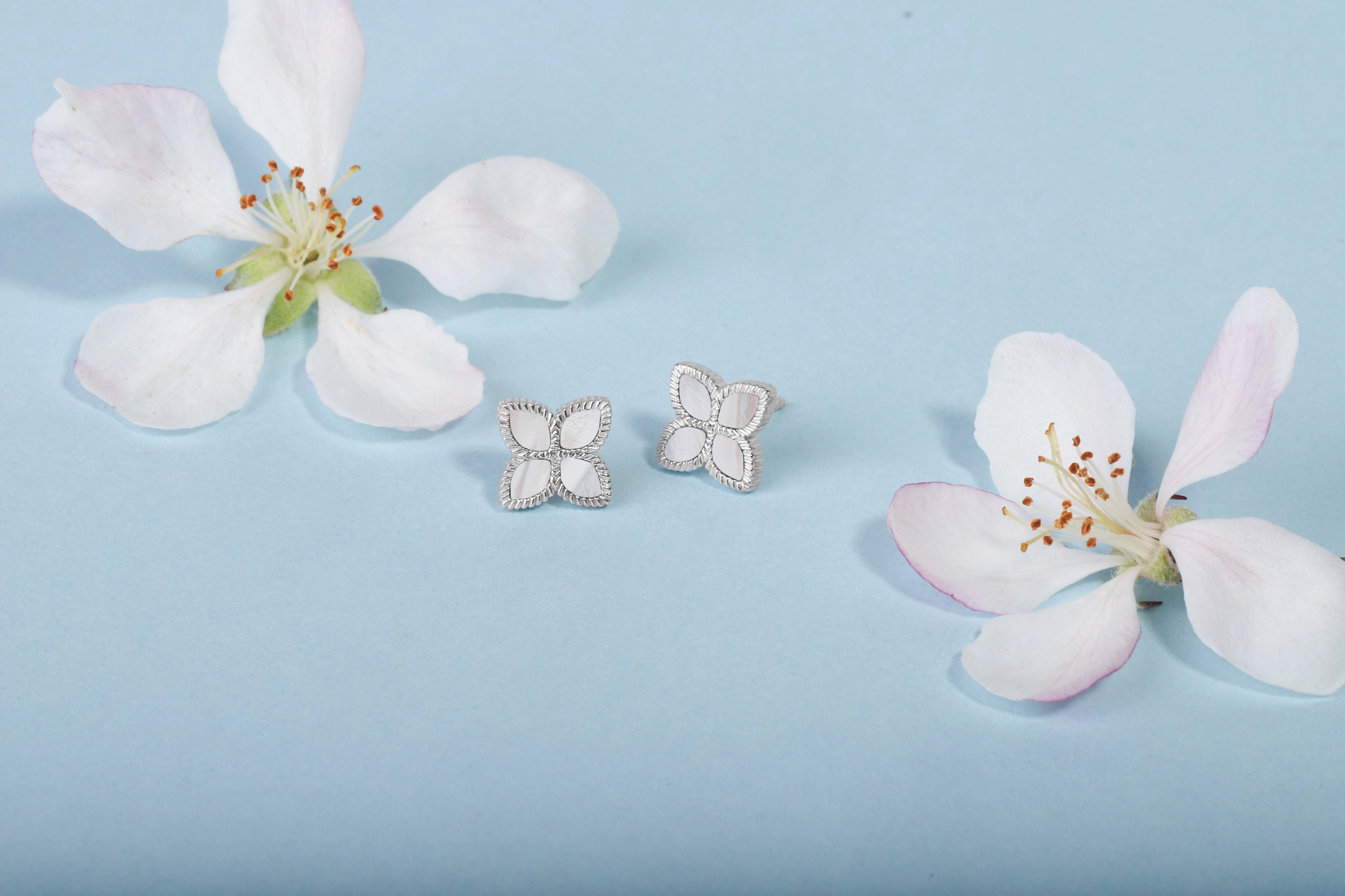 9ct White Gold White Mother of Pearl Eden Marquise Flower Stud Earrings