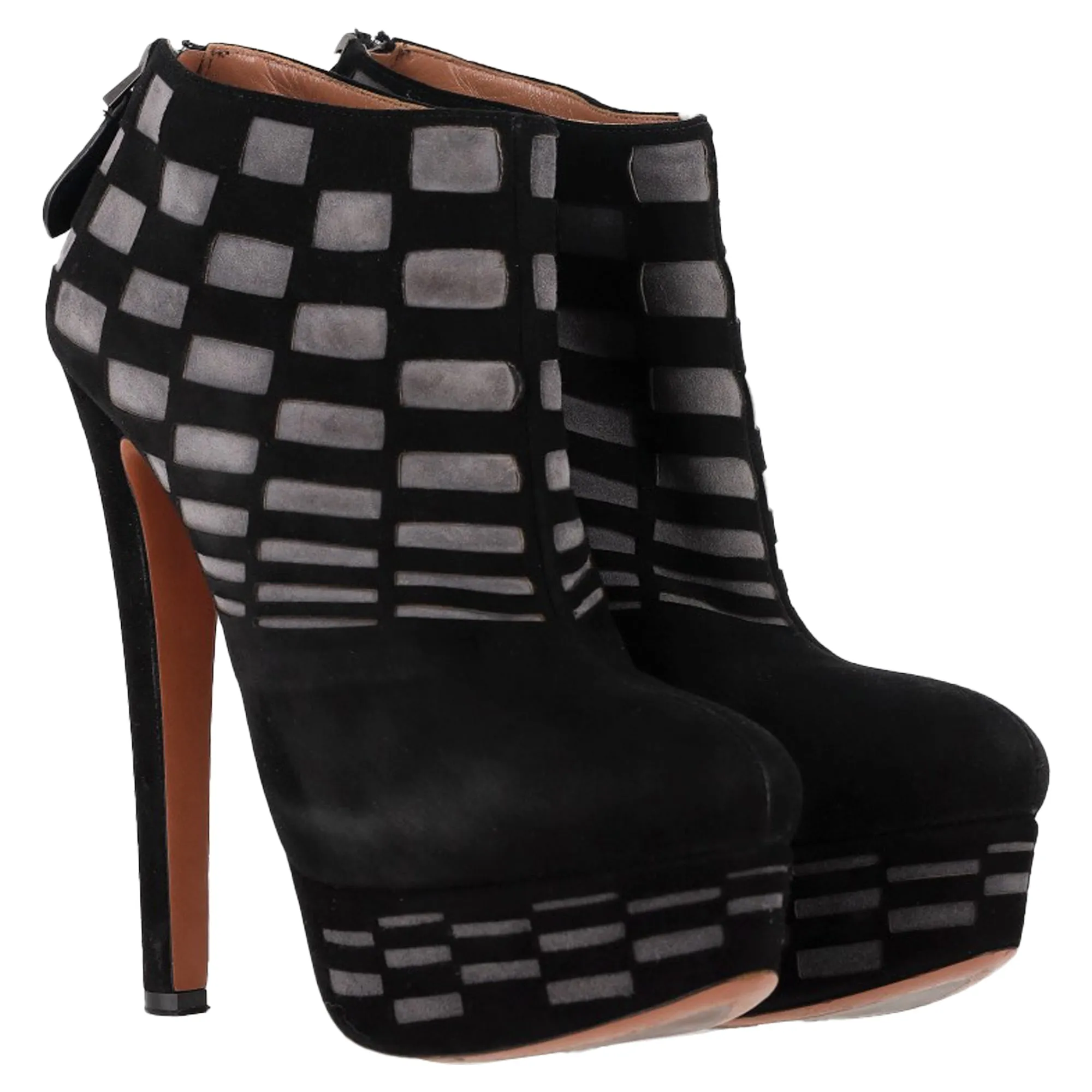 Alaa Laser Cut Platform Ankle Boots in Black Suede