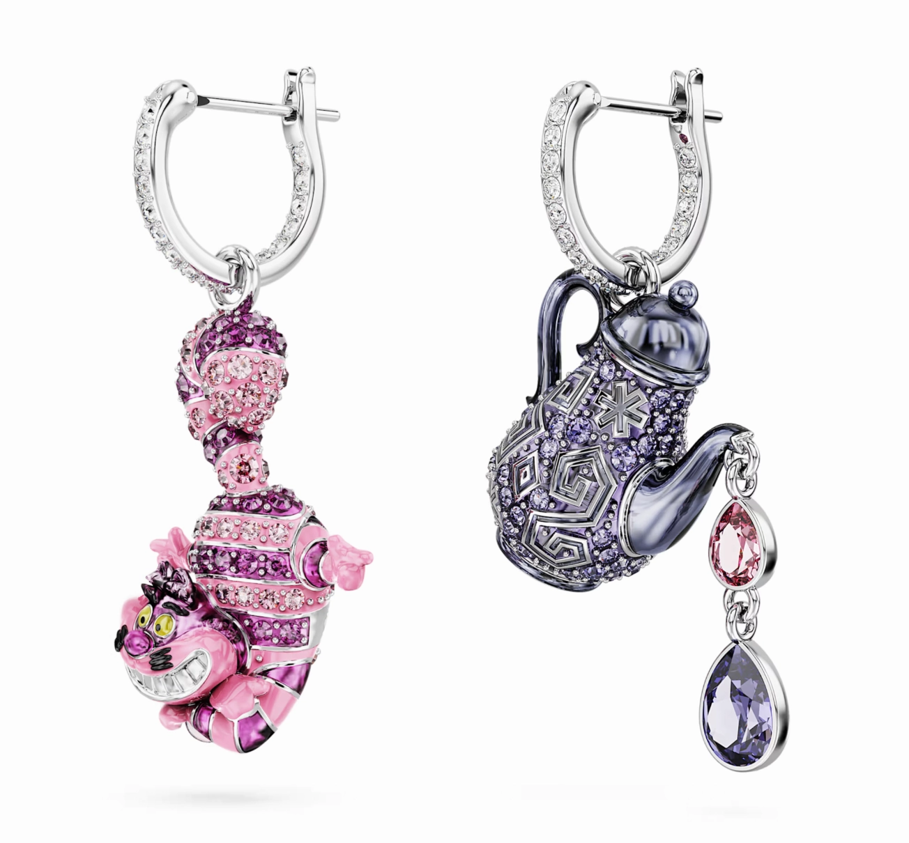 Alice in Wonderland Asymmetrical Design Cat and teapot Multicoloured Drop Earrings