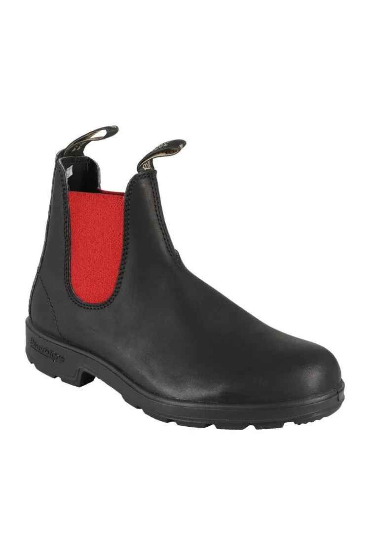 Black Leather Boot With Contrasting Red Elastic Strap