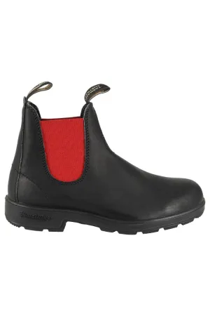 Black Leather Boot With Contrasting Red Elastic Strap