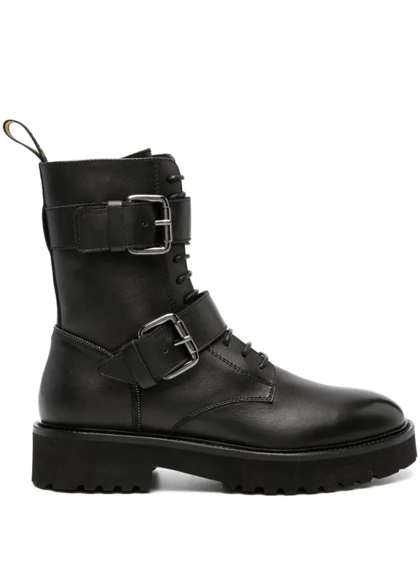 Buckled Lace-Up Leather Boots