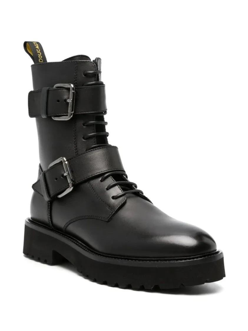 Buckled Lace-Up Leather Boots