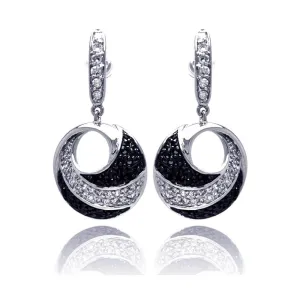 Clearance-Silver 925 Black and Silver Rhodium Plated Open Circle Black and Clear CZ Earrings - BGE00128