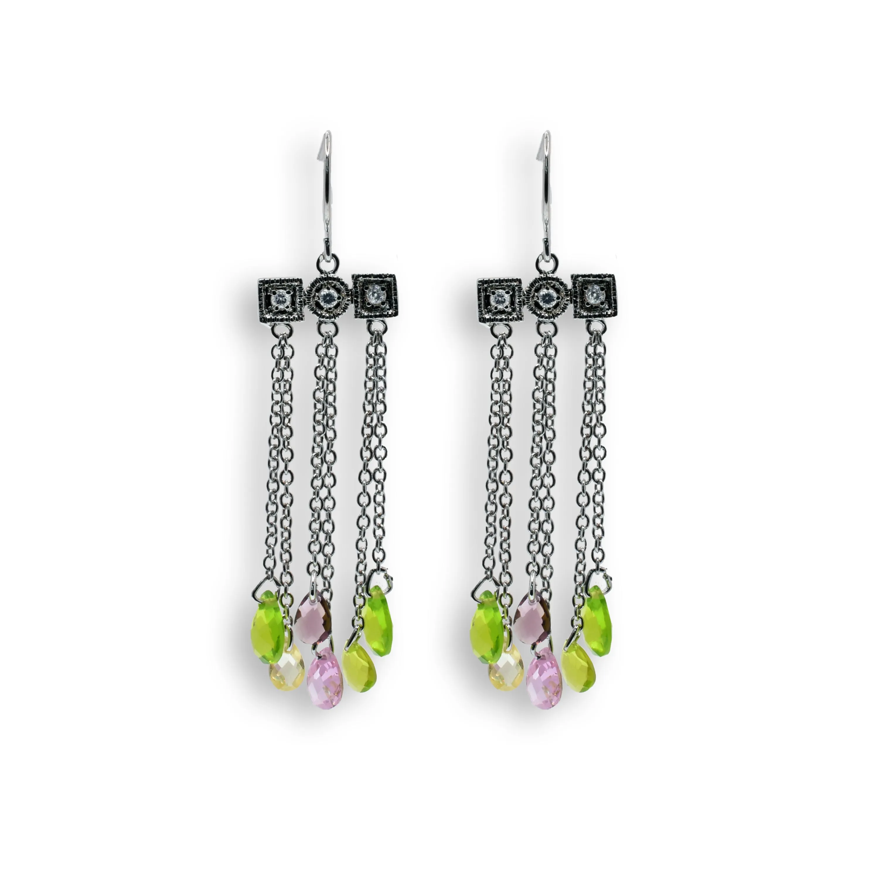 Clearance-Silver 925 Rhodium Plated Multicolor CZ Wire Dangling Hook Earrings - STE00142
